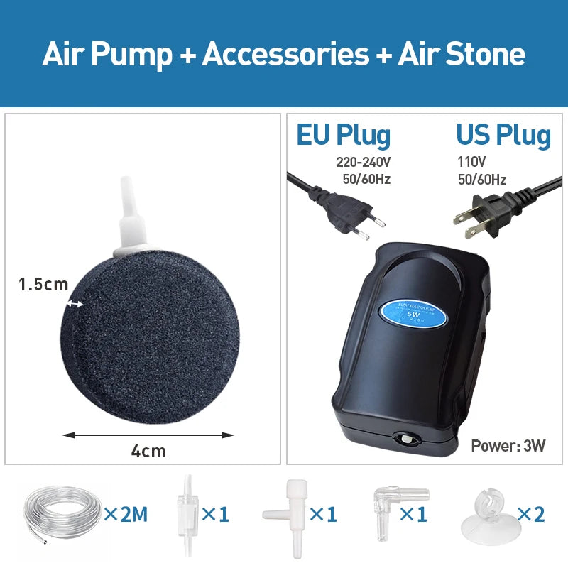 5W Aquarium Silent Air Pump 220V-240V 110V Fish Tank Quiet Oxygen Pump Accessories Bubble Pump Air Stone Aquarium Air Compressor
