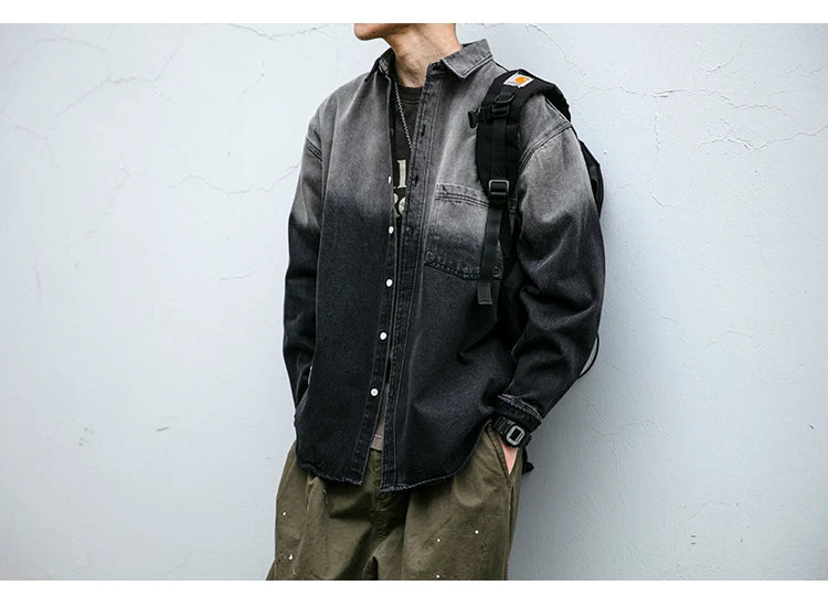 Korean fashion washed gradient denim shirt for men clothing High quality streetwear harajuku casual coat tremdy Long sleeve male