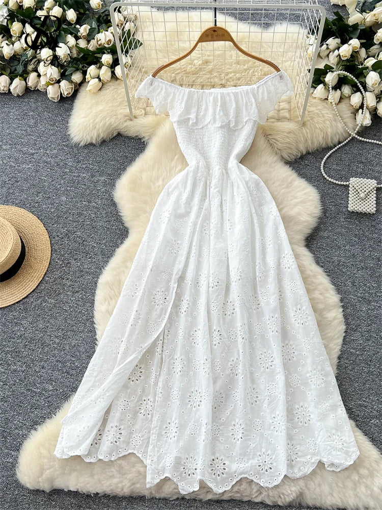 SINGREINY Chic Embroidery Hollow Out Dress Ruffles Splice Off Shoulder Elastic Ruched Slim 2025 Solid Gentle Vacation Long Dress