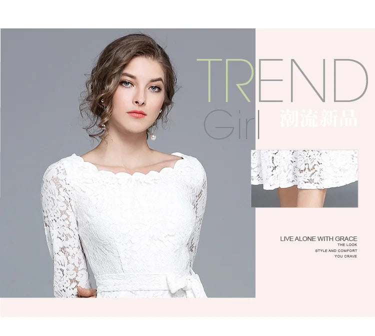 Lace White Prom Dress Women 2023 Summer Autumn Long Sleeve Sexy Slash Neck A Line Midi Party Vestidos Flower Embroidery
