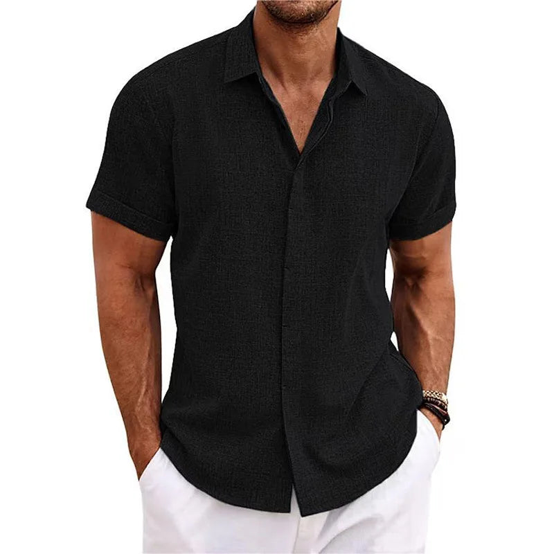 Men Cotton Linen Hot Sale Men's Short-Sleeved Shirts Summer Solid Color Turn-down Collar Casual Beach Style Plus Size Tops