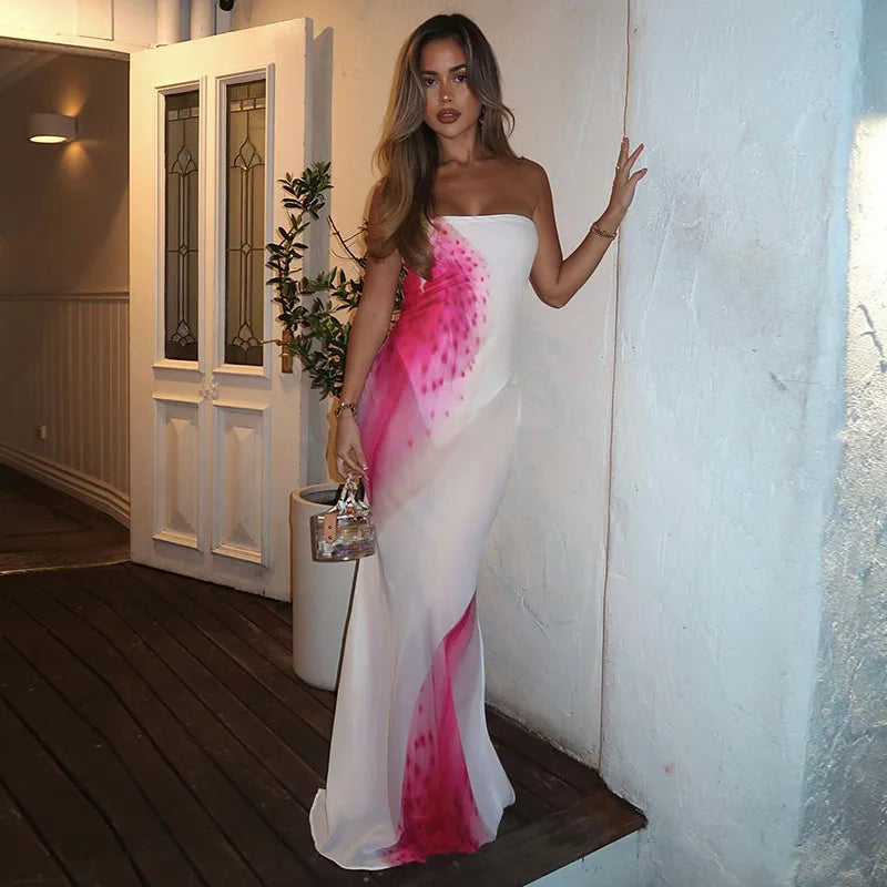 BIIKPIIK Vacation Mesh Semi-perspective Long Dress Sexy Floral Printed Strapless Party Dress Elegant Women Slim Fit Maxi Dresses