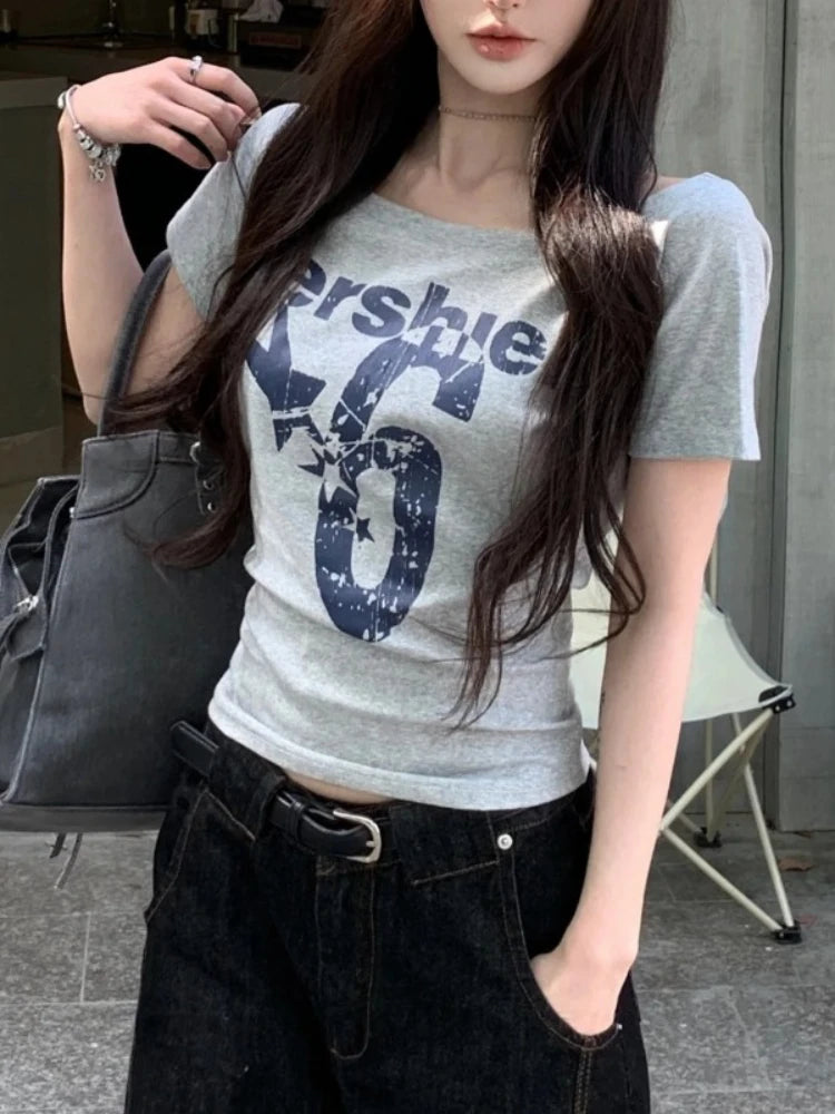 Y2k Women Vintage Streetwear Sport Short Sleeve Acubi Letter Print T-shirts Grunge Off Shoulder Spicy Tshirt Top Tee Alt Clothes