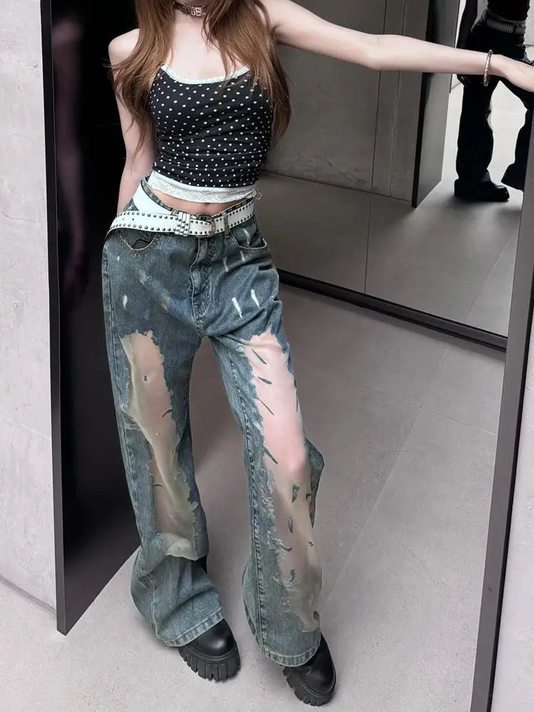 American Hot Girl Retro Washing Ripped Jeans for Women Summer Design Hollow 2000s Clothes Y2k Pants Baggy Harajuku Fashion Pant