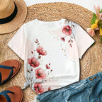Minimalist style pink flowers paired with branch and leaf prints for daily casual and versatile women's short sleeved T-shirt