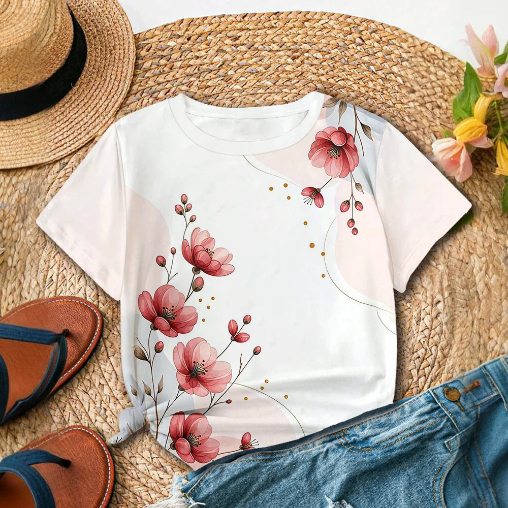 Minimalist style pink flowers paired with branch and leaf prints for daily casual and versatile women's short sleeved T-shirt