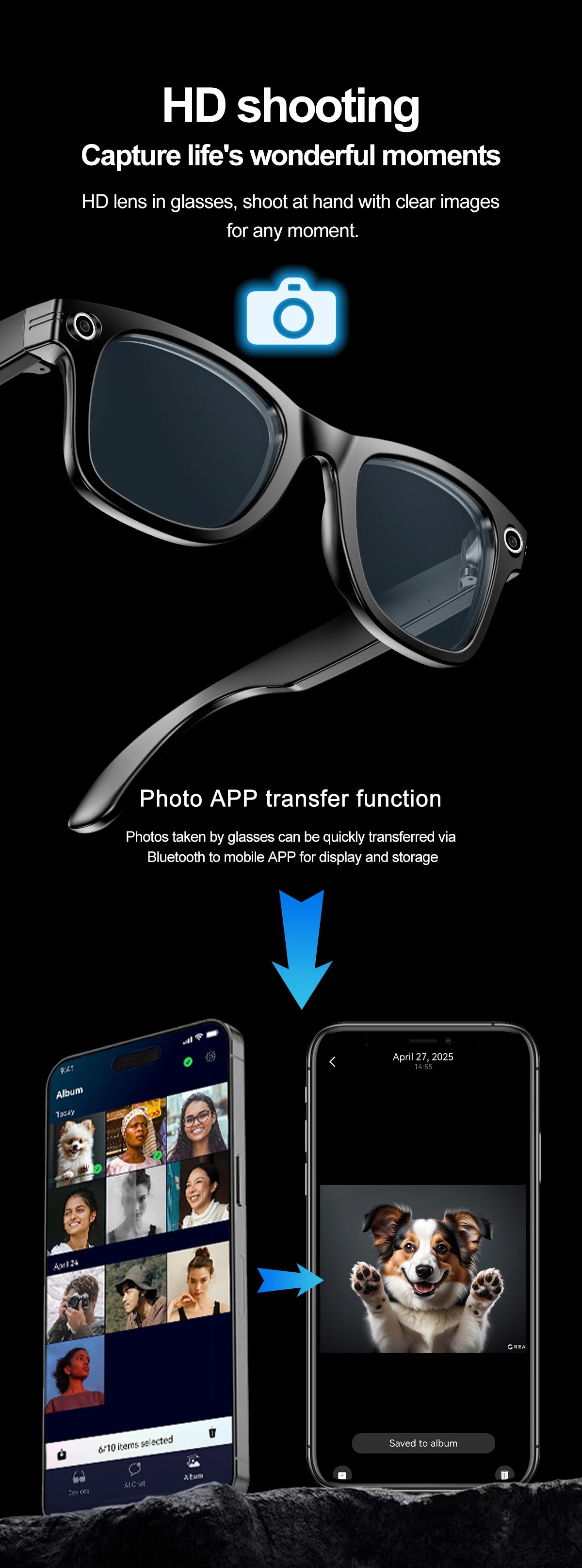 LIGE AI Smart Glasses 720P Camera Video Recorder Bluetooth Call 260mAh Battery Voice Assistant Control Sunglasses For Men Women