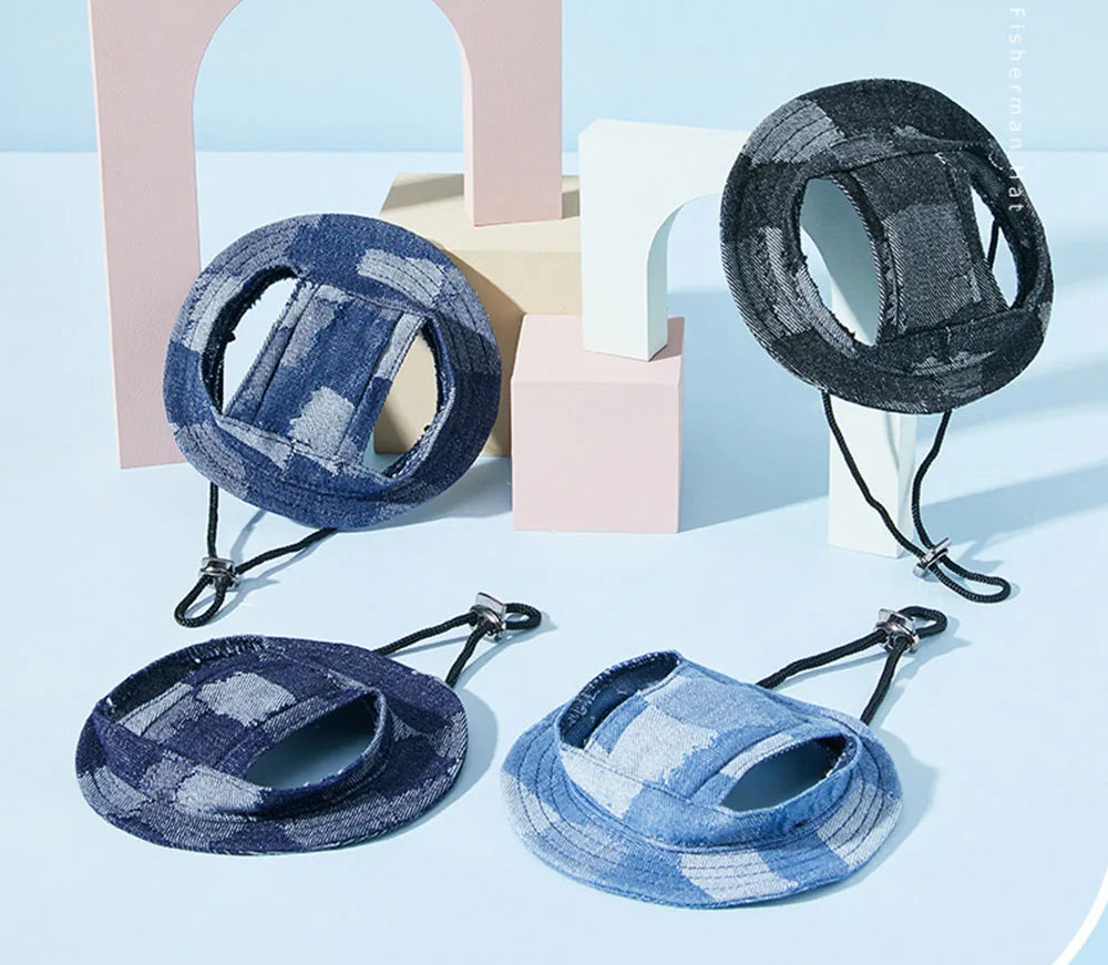 Round Brim Pet Cap Visor Hat Pet Dog Denim Sun Cap with Ear Holes for Small Medium Large Dogs Puppy Outdoor Outfits Cat Dog Caps
