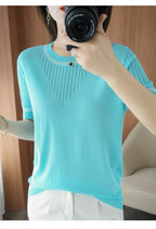 Women New Summer Short-sleeved Tees O-Neck Slim 100% Cotton Linen Hollow Pullover T-shirt Knitted Base Casual Sweater