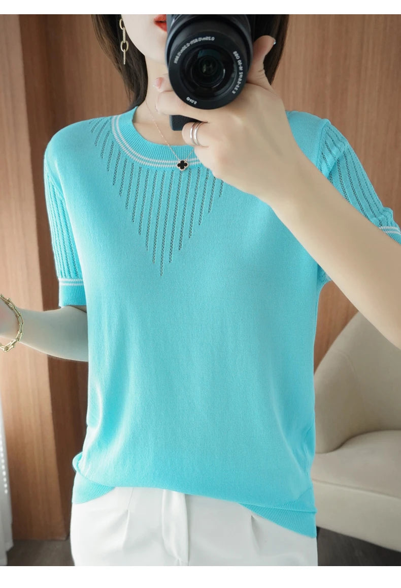 Women New Summer Short-sleeved Tees O-Neck Slim 100% Cotton Linen Hollow Pullover T-shirt Knitted Base Casual Sweater