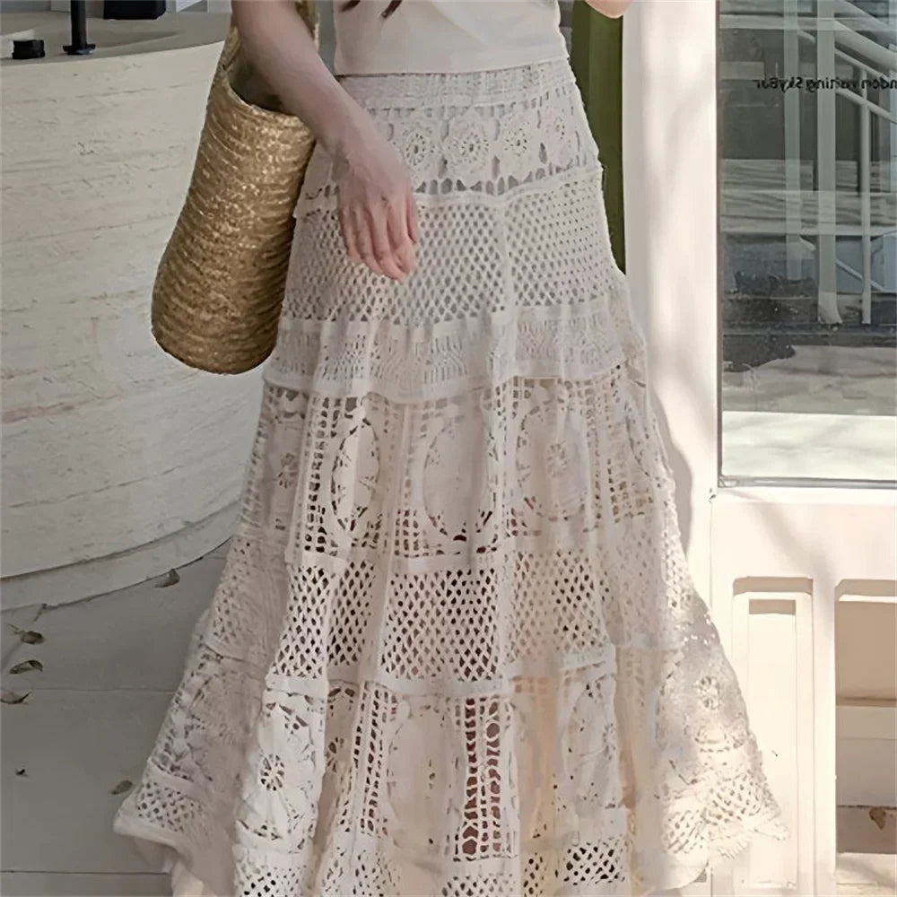 Mid Long Skirt Vintage Women Knitted Skirt 2025 Spring Summer High Waist Holllow Out Crocret Floral Pleated Skirts Lace Elegant