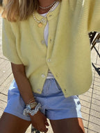 2000s Sweaters y2k Clothes Women Solid Color Round Neck Single Breasted Short Sleeve Cardigan Tops Fashion Streetwear