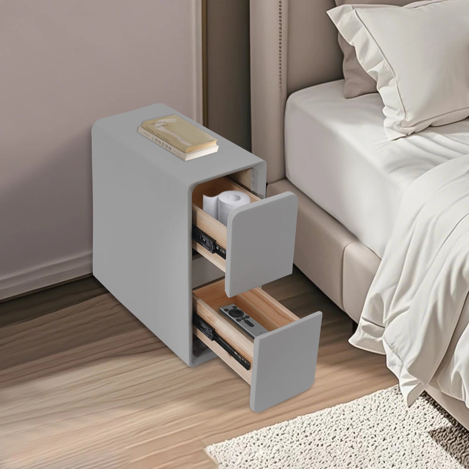 Modern Rectangular Nightstand Bedside Table with Drawers Small Narrow Nightstand