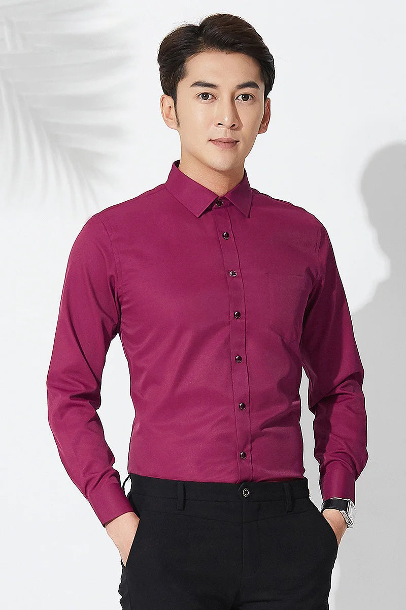 2023 Non-Iron Solid  Soft Easycare Stretch Shirts Men Spandex Long Sleeve Dress Shirt Men Office Shirts Men Clothing
