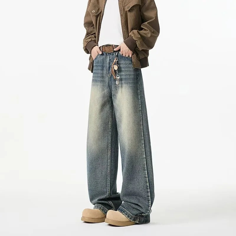 2025 New Retro Washed Straight-Leg Jeans For Men High Street Fashion Baggy Denim Pantalones Hombre Hip Hop Distressed Y2K Jean