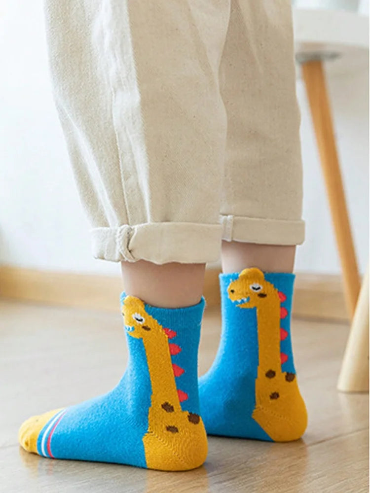 5 Pairs of Four-season Kidsren's Socks for Spring & Fall Seasons Cartoon Neck Dragon Dinosaur Boys and Girls Mid-calf Socks Baby Socks