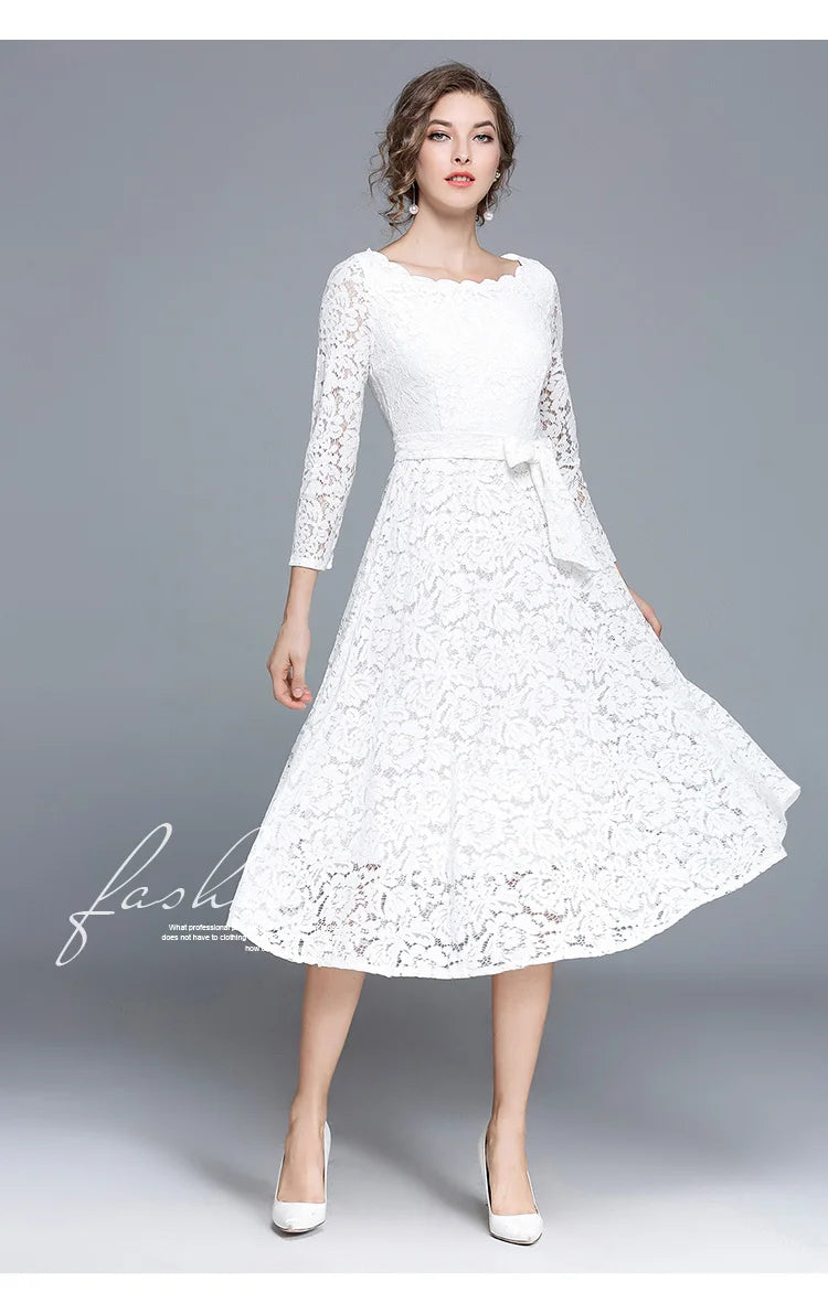 Lace White Prom Dress Women 2023 Summer Autumn Long Sleeve Sexy Slash Neck A Line Midi Party Vestidos Flower Embroidery