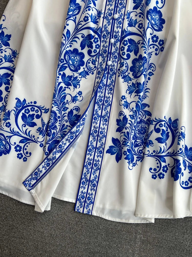 Spring Maxi Belt Dresses for Women Chic Vintage Printing Robe Femme Stand Neck Tunic Lantern Sleeve Dress 2024 Vestidos De Mujer