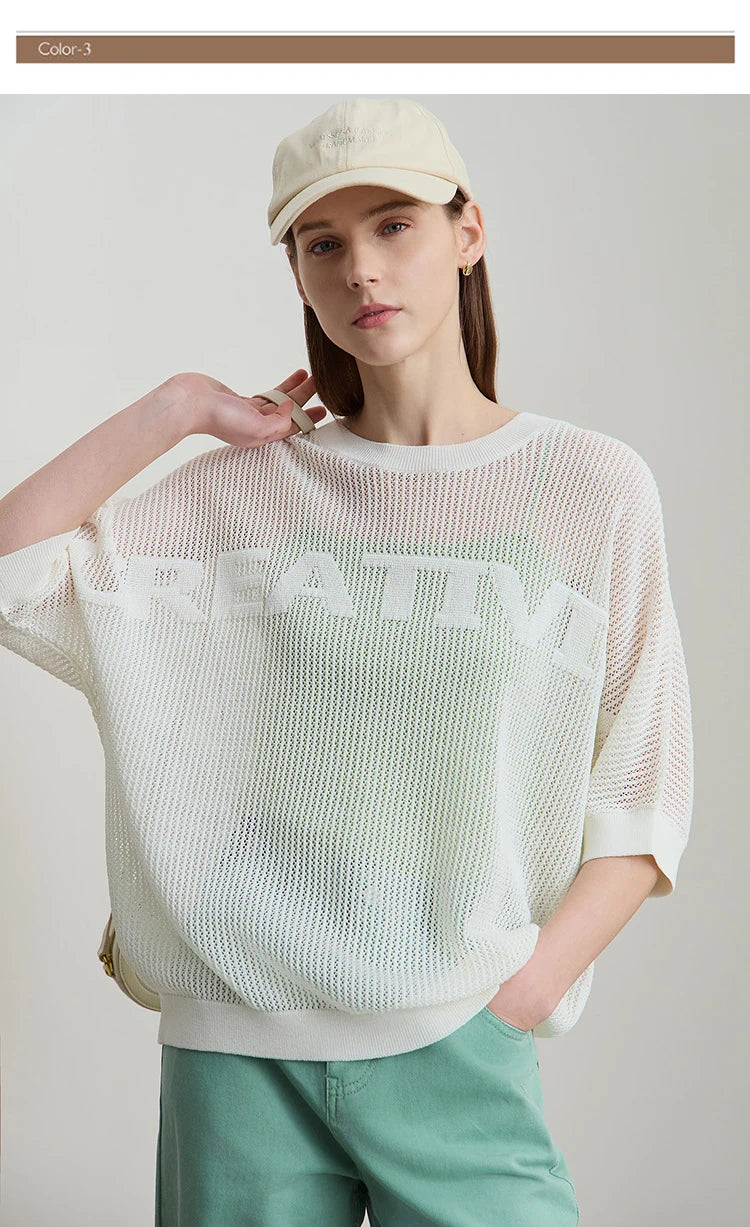 Amii Minimalist Women's Hollowed-out Knitted Pullover 2025 Summer New Half-sleeve Crew Neck Loose Blouse Thin Solid Top 12542139