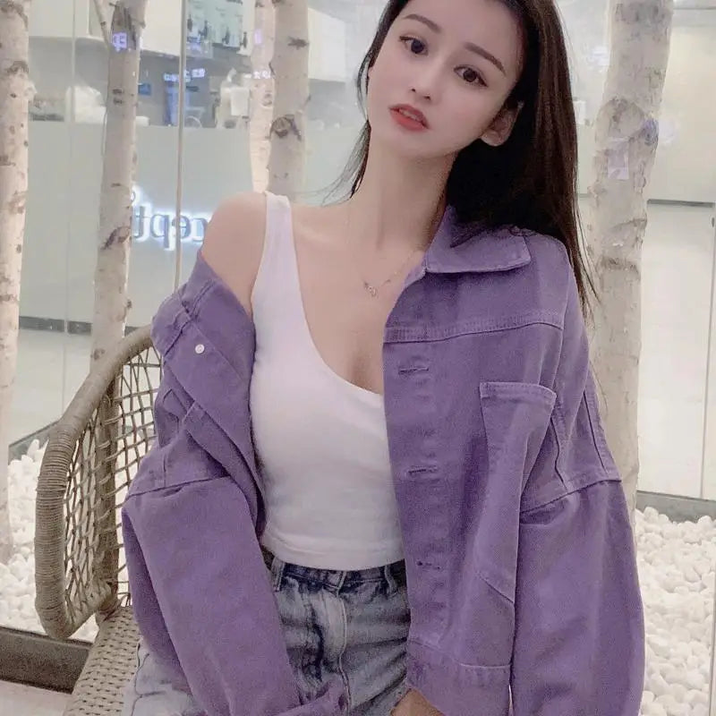 Internet Celebrity Purple Denim Jacket for Women Spring Autumn New Fashion Versatile Small Bf Loose Short Jacket Denim Jacket