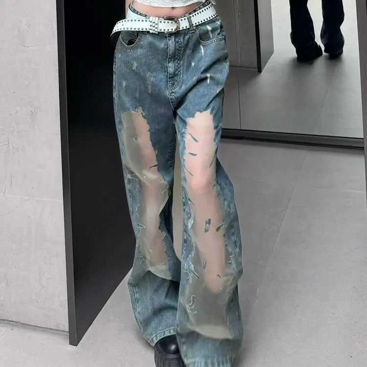American Hot Girl Retro Washing Ripped Jeans for Women Summer Design Hollow 2000s Clothes Y2k Pants Baggy Harajuku Fashion Pant