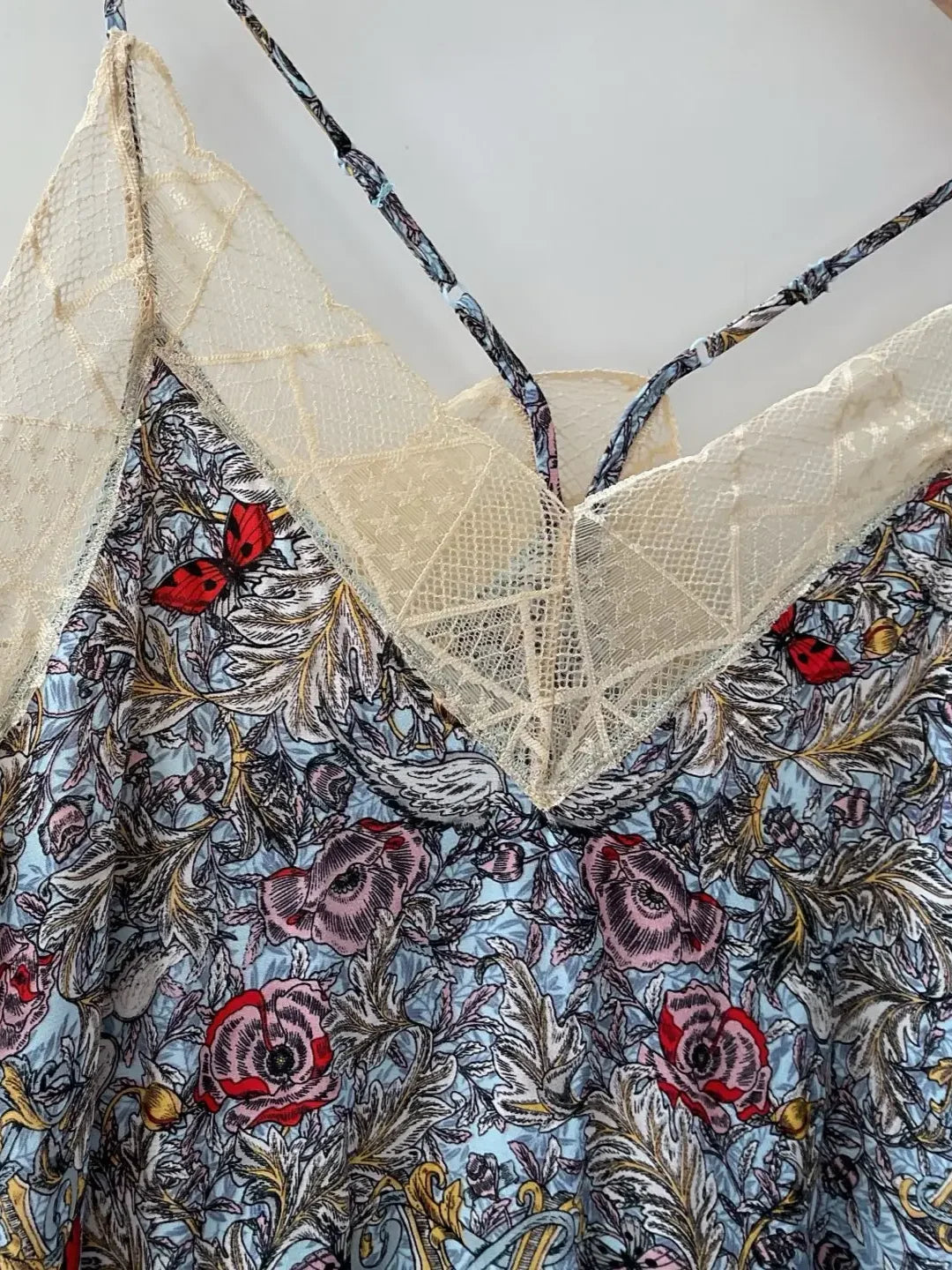 Lace Embroidery Patchwork Women Sling Robe 100% Viscose Floral Skull Wings Printed V-Neck Sleeveless Fashion Ladies Midi Dress