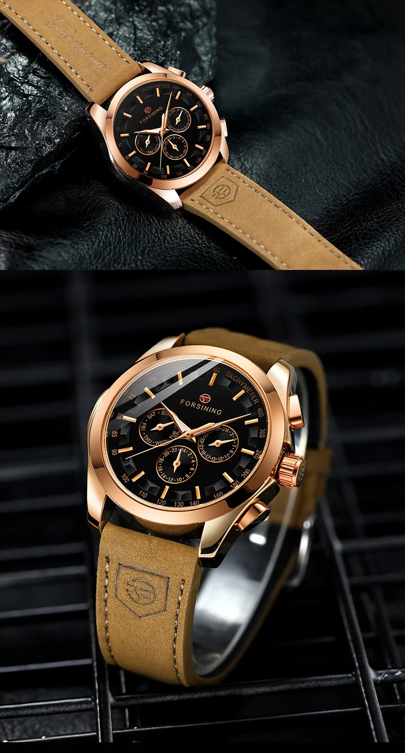FORSINING Men Watches Automatic Mechanical Watch Luxury Gold Clock Genuine Leather Waterproof Watch Men Military Wristwatch Man