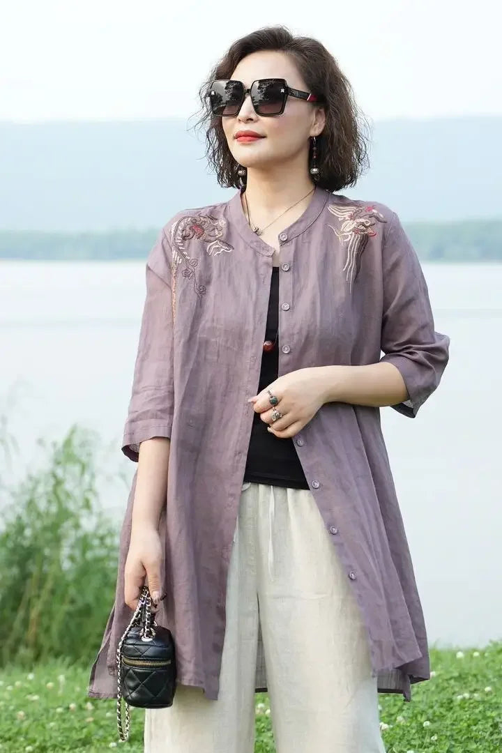 Spring and Summer Retro Embroidered Cotton Linen Shirt Stand Collar Mid-length Temperament Noble Mother Casual Jacket for Women
