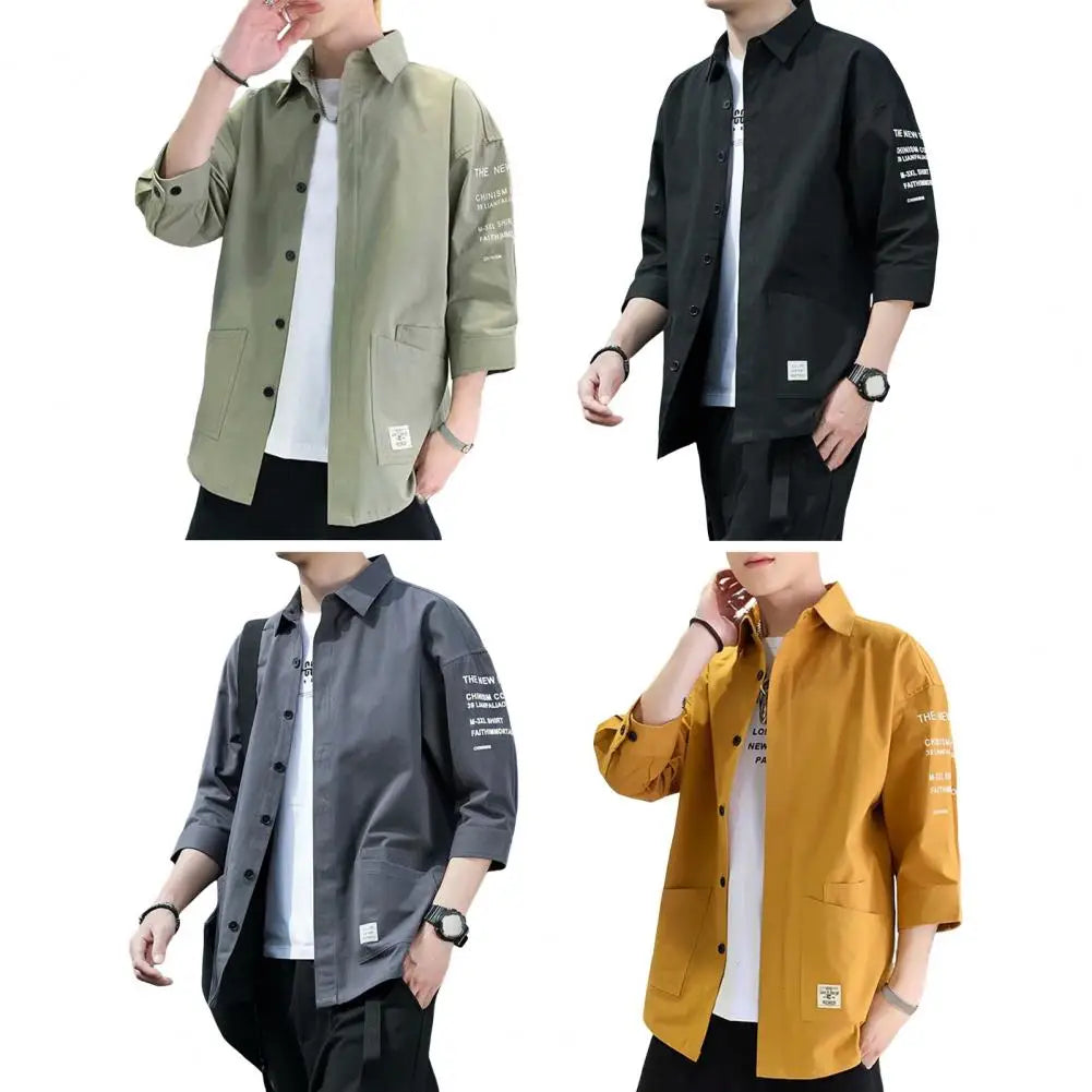 Japanese Style Men Cargo Shirt Half Sleeve Single-breasted Shirt Vintage Logo Label Decor Men Jacket Casual Loose Cardigan Shirt