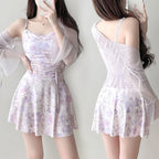 sexy Korean fashion floral print swimsuit two pieces purple ruffles bodysuits with cover mesh smock bikinis cute beach outfits
