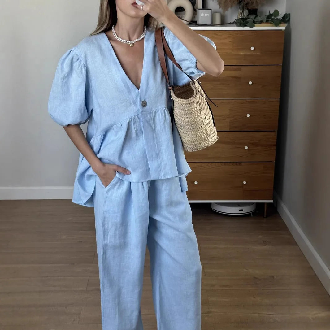 Summer Casual Cotton 2 Piece Set Women Outfit Deep V Neck Short Puff Sleeve Pullover Top Long Trousers Loose Lady Two Piece Suit