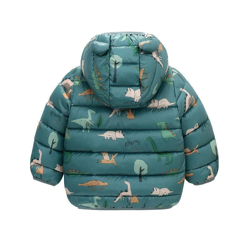 Children Boys Baby Hooded Lightweight Down Jackets Warm Outerwear Autumn Kids Girls Coats Cartoon Dinosaur Print Casual Clothing
