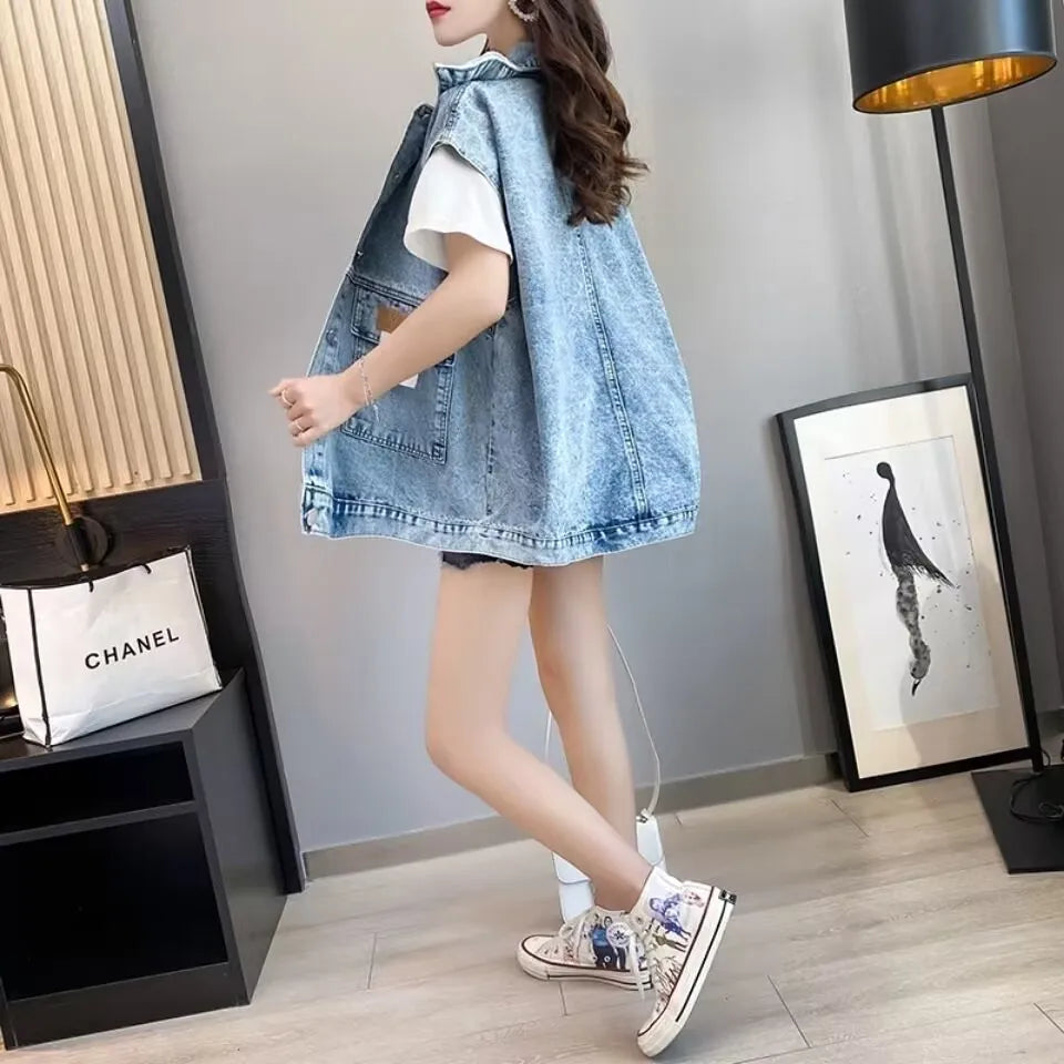 New Women's Denim Vest 2025 Fashion Female Spring Autumn Jeans Jacket Sleeveless Loose Short Coat Summer Streetwear Denim Vest