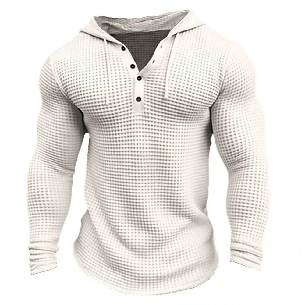 Spring Solid Color Slim Fit Long Sleeved T-shirt, Men's Hooded Breathable Sports Top, Waffle Cotton Casual Long Sleeved Shirt