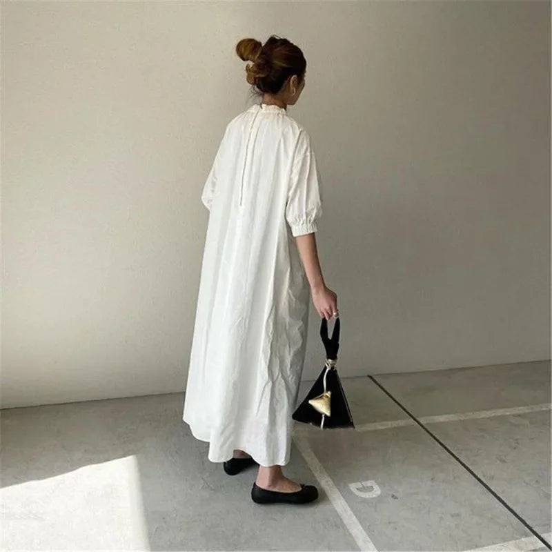 Japanese Style Dress2023 Summer New Women's Clothing Solid Color Stand Collar Dress Loose-Fit Elegant A- Line Long Dress