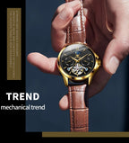 OLEVS 6663 Mens Watch Original Mechanical Watch Tourbillon Waterproof Luminous Leather Strap Moon Phase Day-Date Watch With Box