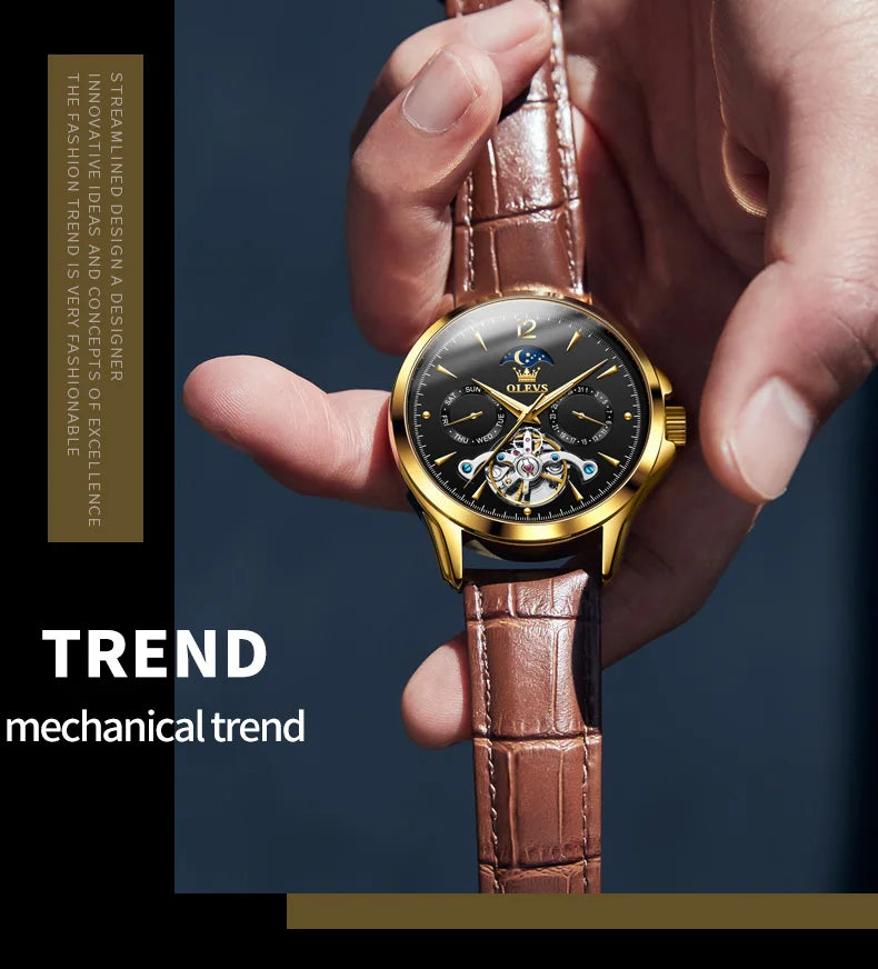 OLEVS 6663 Mens Watch Original Mechanical Watch Tourbillon Waterproof Luminous Leather Strap Moon Phase Day-Date Watch With Box