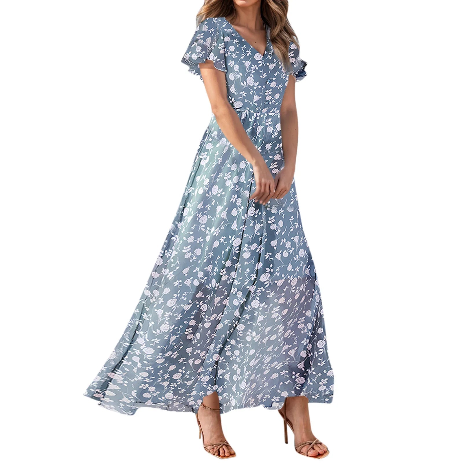 Women V-neck Ruffle Short Sleeve Maxi Dress Waist Tight High-waist Hem Sweet Floral Print Elegant Dress Female Clothing Vestidos