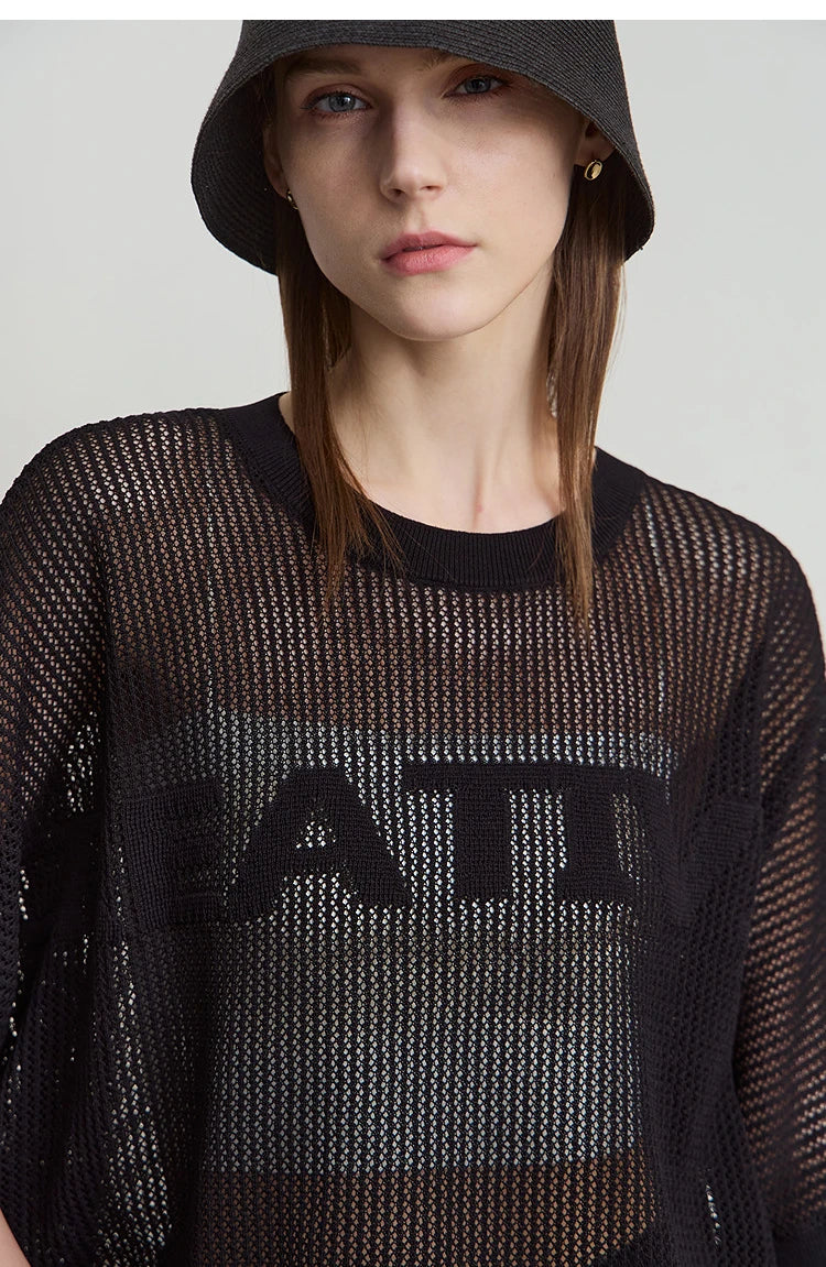 Amii Minimalist Women's Hollowed-out Knitted Pullover 2025 Summer New Half-sleeve Crew Neck Loose Blouse Thin Solid Top 12542139