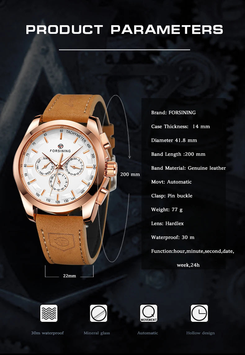 FORSINING Men Watches Automatic Mechanical Watch Luxury Gold Clock Genuine Leather Waterproof Watch Men Military Wristwatch Man
