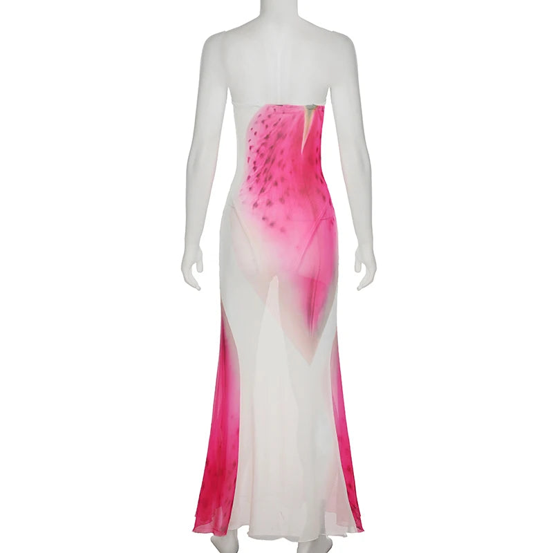 BIIKPIIK Vacation Mesh Semi-perspective Long Dress Sexy Floral Printed Strapless Party Dress Elegant Women Slim Fit Maxi Dresses