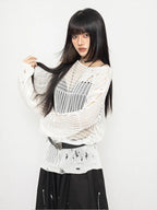 Y2K Hollow Out Knitted Pullovers Women Korean Harajuku Oversized Sweater Summer Sexy Slash Collar Long Sleeve Sunscreen Jumper
