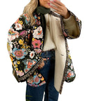 Women Fall Winter Loose Quilted Jacket Floral Print Button Down Long Sleeve Padded Coat Warm Outwear