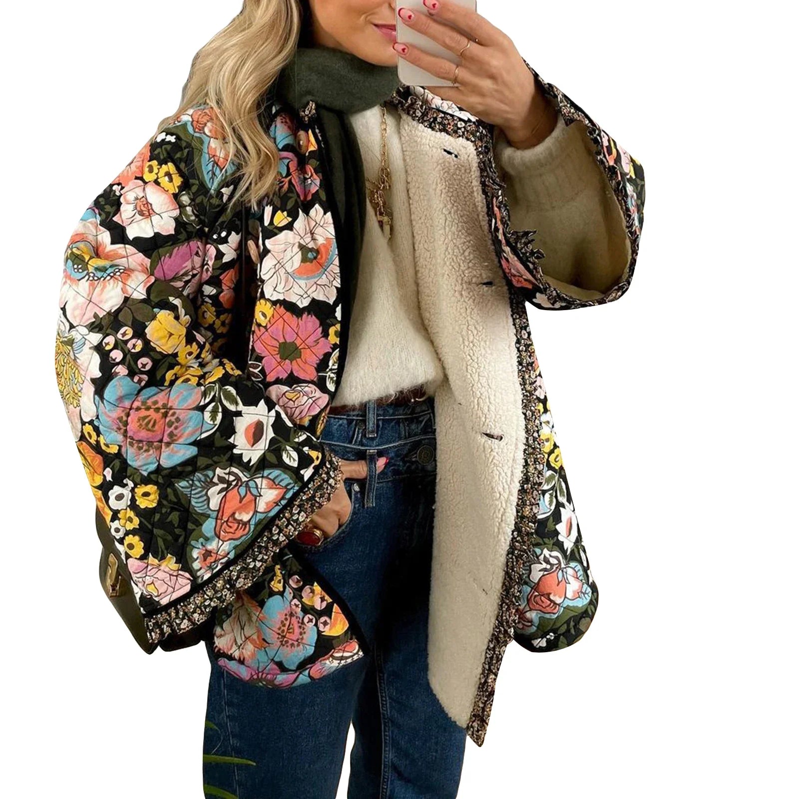 Women Fall Winter Loose Quilted Jacket Floral Print Button Down Long Sleeve Padded Coat Warm Outwear