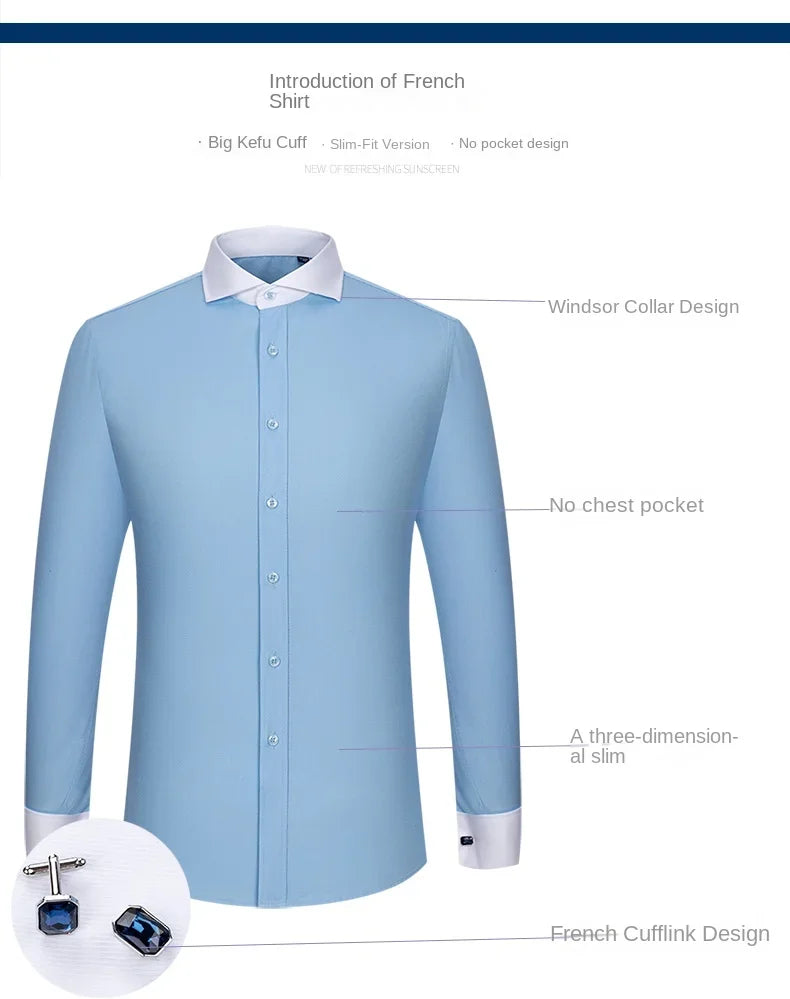 2024 Niche Chic Double Folded Sleeve Windsor Collar  Business Long-sleeved Shirt Men's High-grade  Dress random French Cufflinks