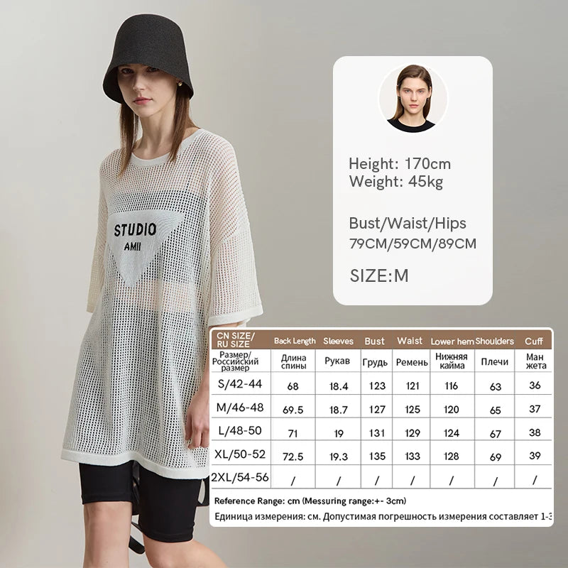 Amii Minimalist Women's Knitted Pullovers 2025 Summer Crew Neck Short-sleeved Casual Mid Long Loose Letter Jacquard Top 12542048
