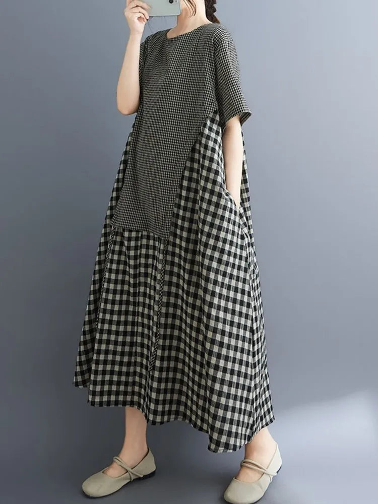 Short sleeve oversized vintage plaid patchwork new in dresses for women casual loose long summer dress elegant clothing 2025