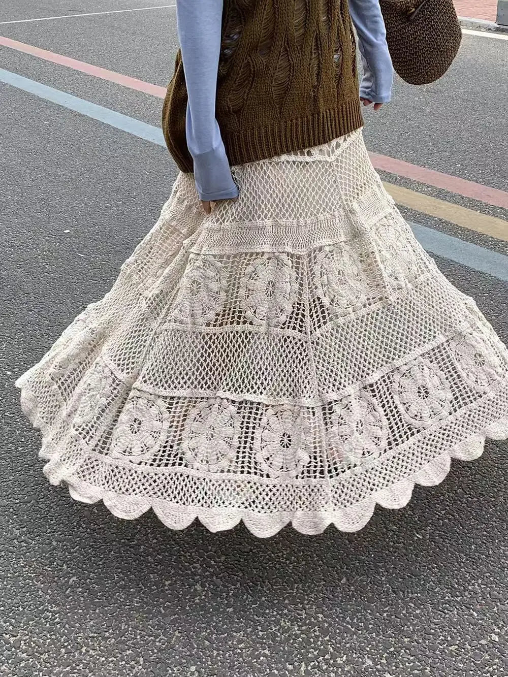 Retro Hollow Knitted Crochet Women's Solid Color Skirt 2025 Summer Fashion Lace Patchwork Female High Waisted Skirt