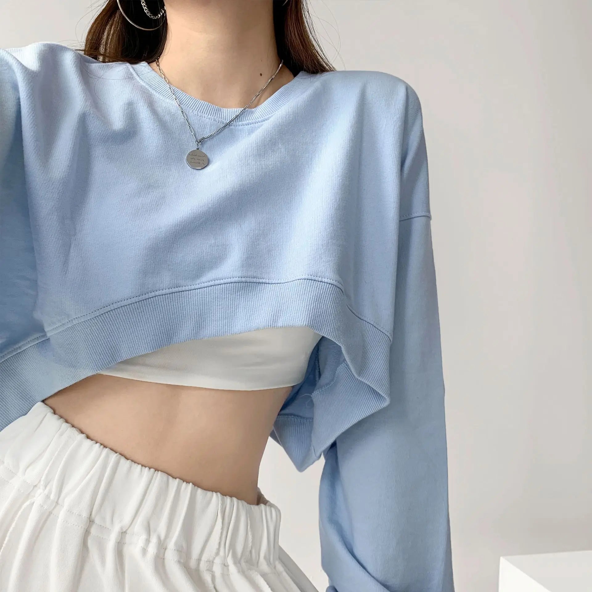 Long Sleeve Crop Top Korean Fashion Solid Loose Y2K T-shirt Woman Autumn Winter Harajuku Sexy Clothes Women Kpop Japanese Tees