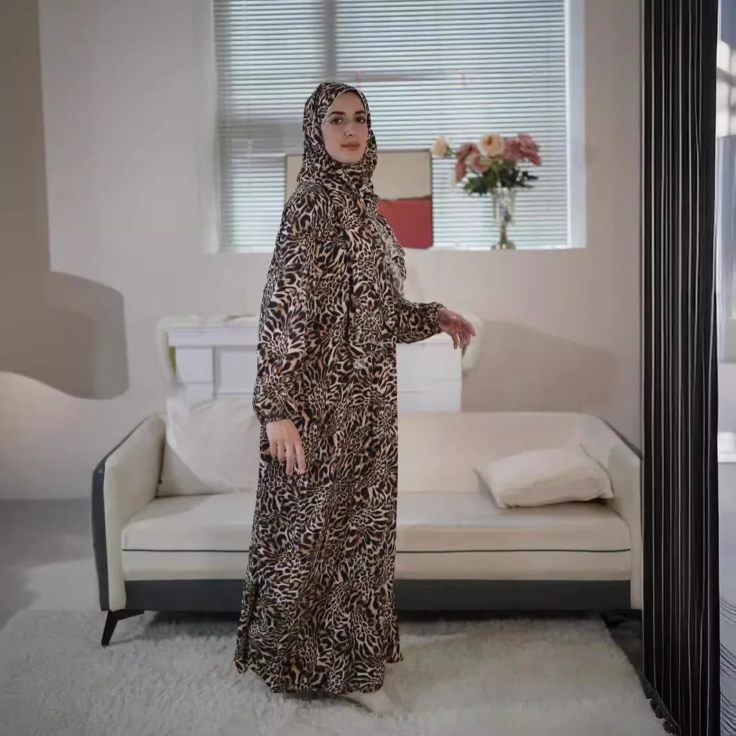 Eid Muslim Women Prayer Dresses Scarf Abayas Leopard Print Long Robe Ramadan Morocco Dubai Kaftan Islam Saudi Vestidos Jalabiya